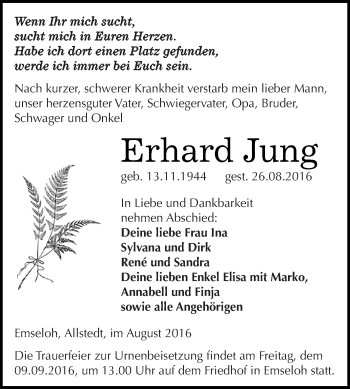 Traueranzeige von Erhard Jung von Super Sonntag SGH Mansf. Land