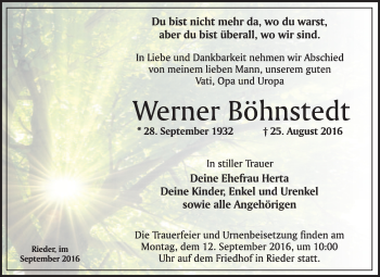 Traueranzeige von Werner Böhnstedt von WVG - Wochenspiegel Quedlinburg