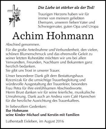Traueranzeige von Achim Hohmann von Super Sonntag SGH Mansf. Land