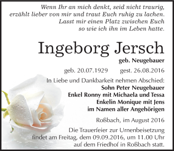 Traueranzeige von Ingeborg Jersch von Mitteldeutsche Zeitung Merseburg/Querfurt