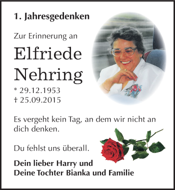 Traueranzeige von Elfriede Nehring von Mitteldeutsche Zeitung Dessau-Roßlau