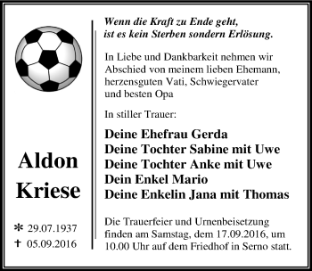 Traueranzeige von Aldon Kriese von Mitteldeutsche Zeitung Wittenberg