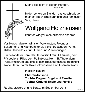Traueranzeige von Wolfgang Holzhausen von Mitteldeutsche Zeitung Weißenfels