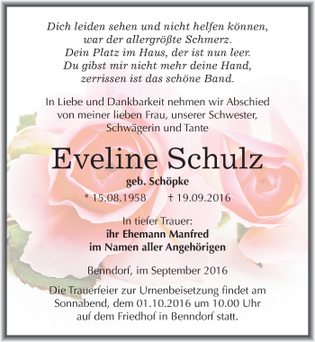 Traueranzeige von Eveline Schulz von Mitteldeutsche Zeitung Mansfelder Land