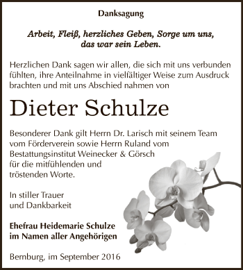 Traueranzeige von Dieter Schulze von Super Sonntag Bernburg