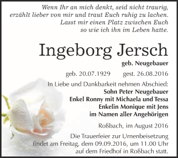 Traueranzeige von Ingeborg Jersch von WVG - Wochenspiegel Merseburg