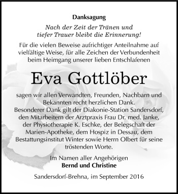 Traueranzeige von Eva Gottlöber von Mitteldeutsche Zeitung Bitterfeld
