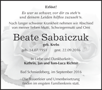 Traueranzeige von Beate Sabaiczuk von WVG - Wochenspiegel Wittenberg