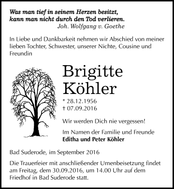 Traueranzeige von Brigitte Köhler von Mitteldeutsche Zeitung Quedlinburg