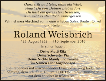 Traueranzeige von Roland Weisbrich von Mitteldeutsche Zeitung Bitterfeld