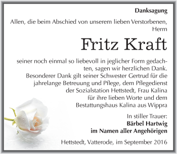 Traueranzeige von Fritz Kraft von Mitteldeutsche Zeitung Mansfelder Land