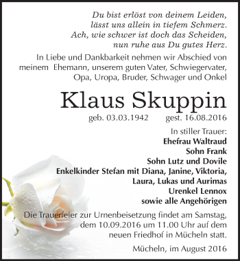 Traueranzeige von Klaus Skuppin von Mitteldeutsche Zeitung Merseburg/Querfurt