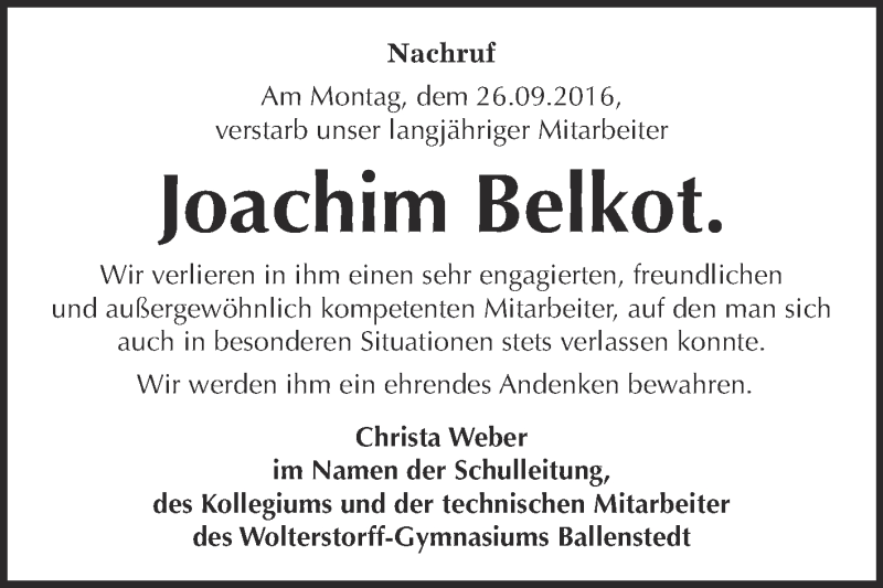  Traueranzeige für Joachim Belkot vom 01.10.2016 aus Super Sonntag Quedlinburg