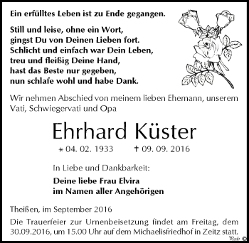 Traueranzeige von Ehrhard Küster von Mitteldeutsche Zeitung Zeitz