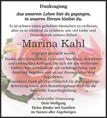 Traueranzeige von Marina Kahl von WVG - Wochenspiegel NMB / WSF / ZTZ