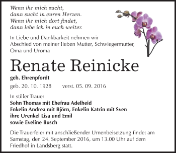 Traueranzeige von Renate Reinicke von Mitteldeutsche Zeitung Halle/Saalkreis