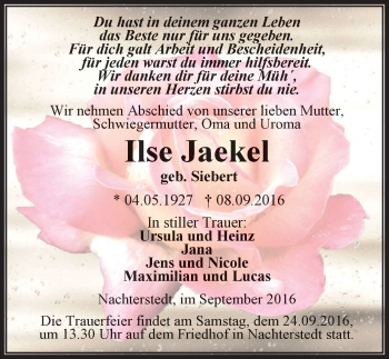 Traueranzeige von Ilse Jaekel von Mitteldeutsche Zeitung Aschersleben