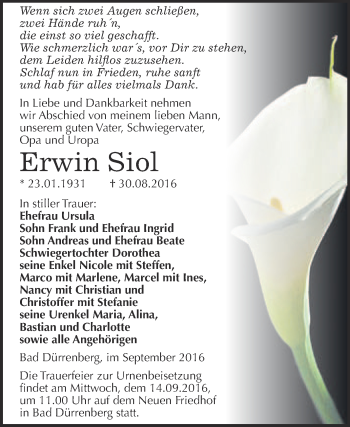 Traueranzeige von Erwin Siol von Super Sonntag Merseburg