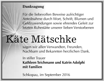 Traueranzeige von Käte Mätschke von WVG - Wochenspiegel Merseburg