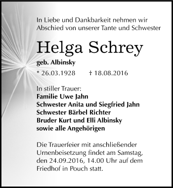 Traueranzeige von Helga Schrey von Mitteldeutsche Zeitung Bitterfeld