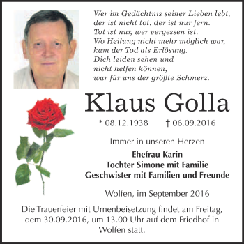Traueranzeige von Klaus Golla von WVG - Wochenspiegel Bitterfeld
