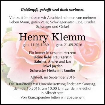 Traueranzeige von Henry Klemm von Super Sonntag SGH Mansf. Land