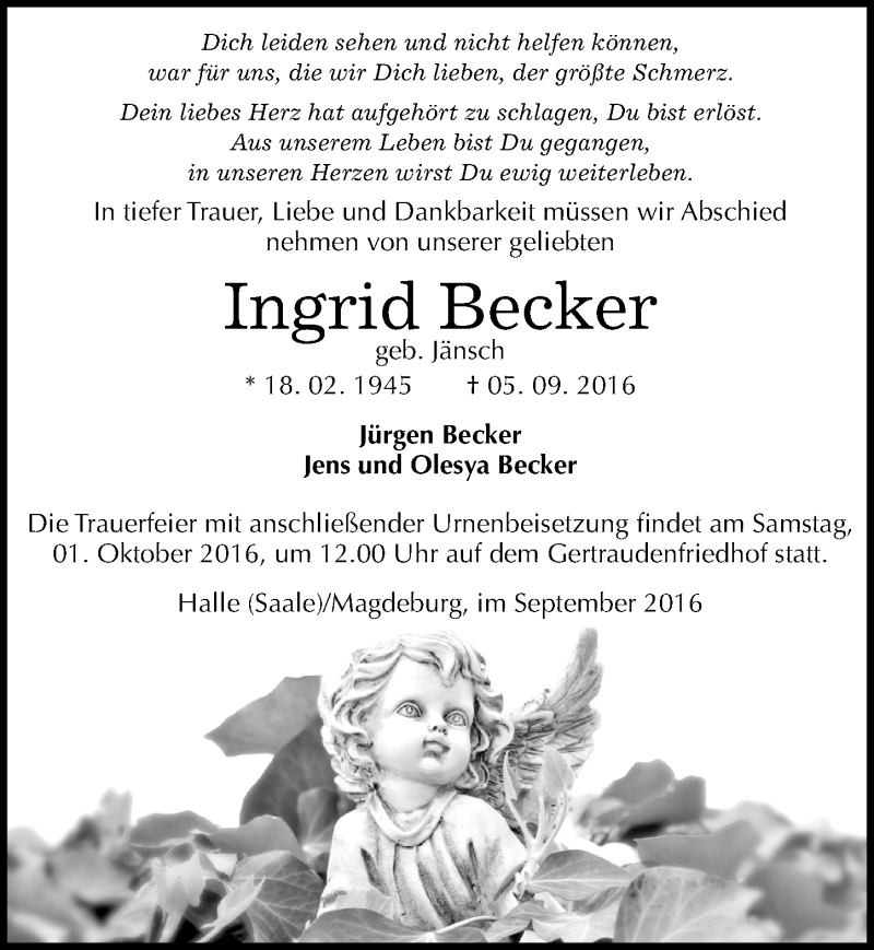  Traueranzeige für Ingrid Becker vom 24.09.2016 aus Mitteldeutsche Zeitung Halle/Saalkreis