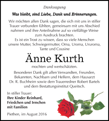 Traueranzeige von Änne Kurth von WVG - Wochenspiegel Dessau / Köthen