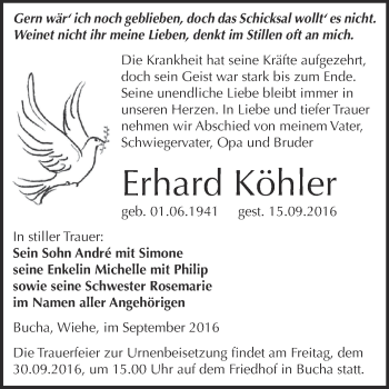 Traueranzeige von Erhard Köhler von WVG - Wochenspiegel NMB / WSF / ZTZ