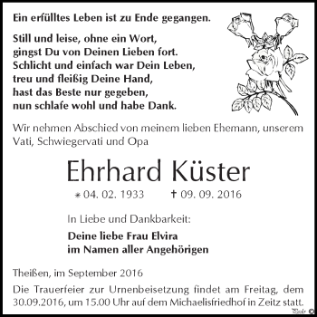 Traueranzeige von Ehrhard Küster von Super Sonntag Zeitz