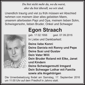 Traueranzeige von Egon Straach von Super Sonntag Wittenberg