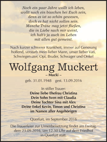 Traueranzeige von Wolfgang Muckert von WVG - Wochenspiegel Merseburg