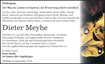 Traueranzeige von Dieter Meyhe von Mitteldeutsche Zeitung Weißenfels