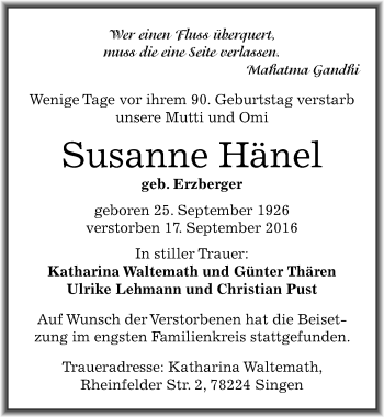 Traueranzeige von Susanne Hänel von Mitteldeutsche Zeitung Quedlinburg