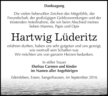 Traueranzeige von Hartwig Lüderitz von Super Sonntag SGH Mansf. Land