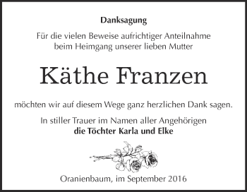 Traueranzeige von Käthe Franzen von Super Sonntag Wittenberg