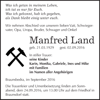 Traueranzeige von Manfred Land von WVG - Wochenspiegel Merseburg