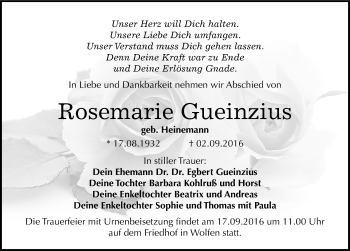 Traueranzeige von Rosemarie Gueinzius von Mitteldeutsche Zeitung Bitterfeld