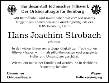 Traueranzeige von Hans Joachim Strobach von Mitteldeutsche Zeitung Bernburg