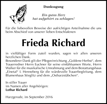 Traueranzeige von Frieda Richard von Mitteldeutsche Zeitung Quedlinburg