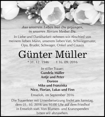 Traueranzeige von Günter Müller von Super Sonntag SGH Mansf. Land