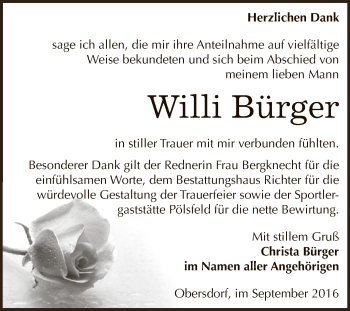 Traueranzeige von Willi Bürger von Super Sonntag SGH Mansf. Land
