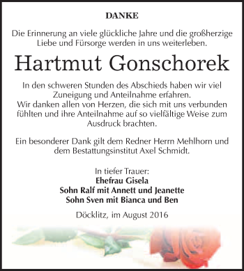 Traueranzeige von Hartmut Gonschorek von WVG - Wochenspiegel Merseburg