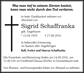 Traueranzeige von Sigrid Schaffranka von Mitteldeutsche Zeitung Dessau-Roßlau