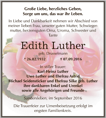 Traueranzeige von Edith Luther von Wochenspiegel Mansfelder Land