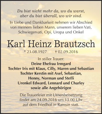 Traueranzeige von Karl Heinz Brautzsch von WVG - Wochenspiegel Bitterfeld