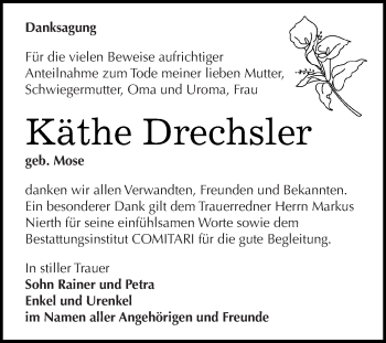 Traueranzeige von Käthe Drechsler von Super Sonntag Zeitz
