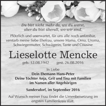 Traueranzeige von Lieselotte Mencke von WVG - Wochenspiegel Bitterfeld