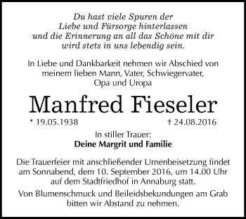 Traueranzeige von Manfred Fieseler von WVG - Wochenspiegel Wittenberg