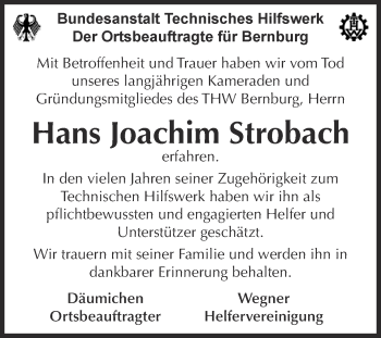 Traueranzeige von Hans Joachim Strobach von Super Sonntag Bernburg